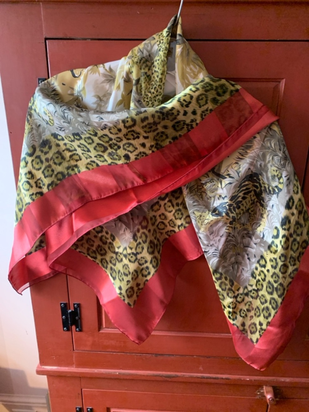 Silk-Feel Leopard & Botanical Print Square Scarf - Yellow & Red